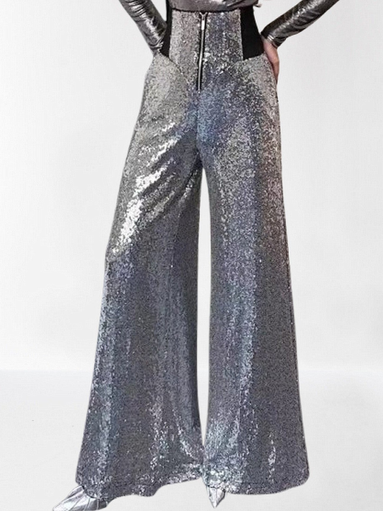 High-Waisted Sequined Wide-Leg Pants in Silver