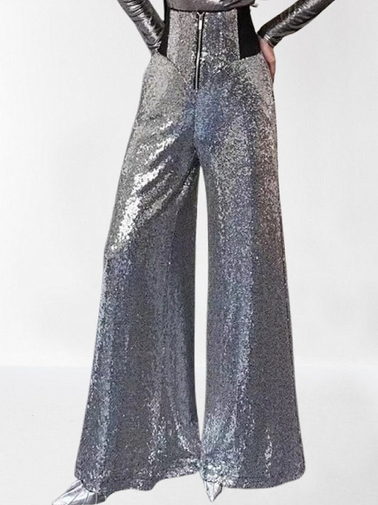 High-Waisted Sequined Wide-Leg Pants in Silver - Jeans & Pants