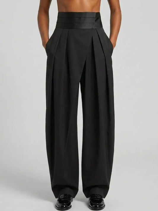 High Rise Satin Waist Pleated Tuxedo Trousers - Jeans & Pants