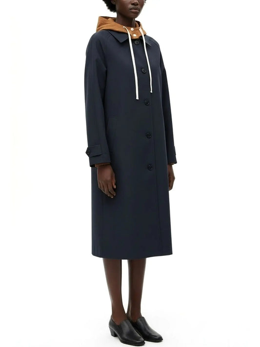 Hooded Button-Front Midi Coat with Contrast Lining - Coats