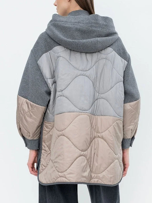 Hooded Color-Block Padded Grey Wool Oversize Jacket - Jackets