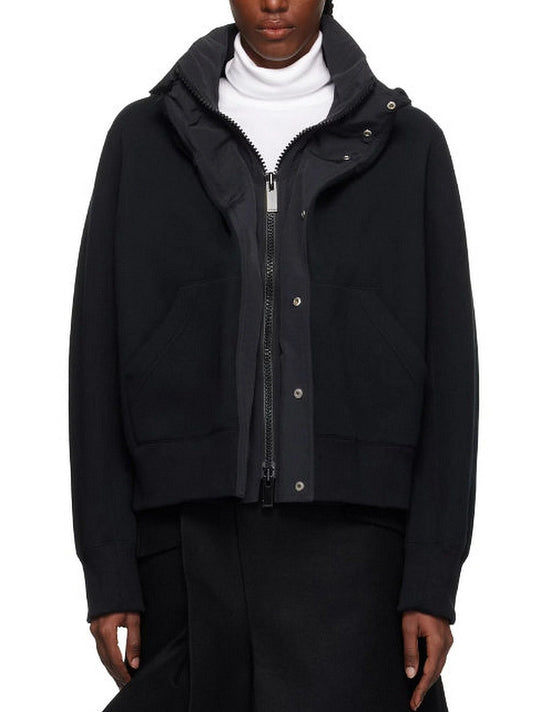 Hooded Layered-Look Front-Zip Sweatshirt - Small / Black - Tops