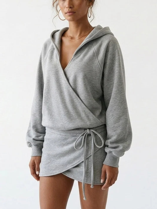 Hooded Wrap Front Drawstring Sweatshirt Mini Dress - Dresses