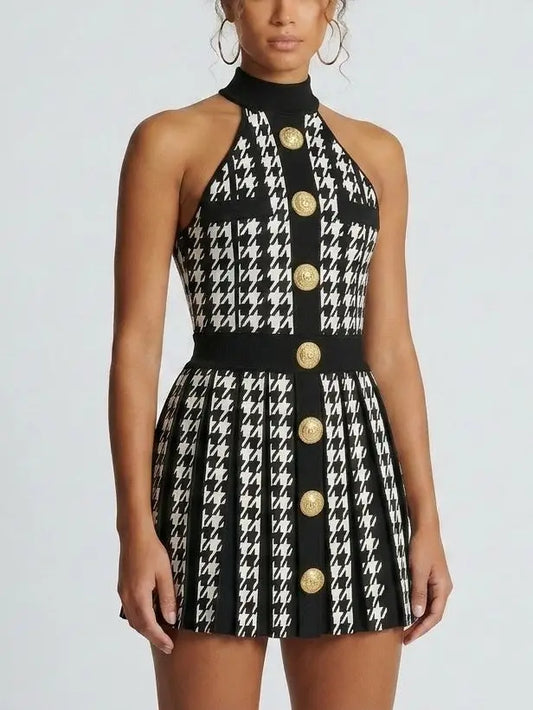 Houndstooth Halter Mini Dress with Gold Buttons - Dresses