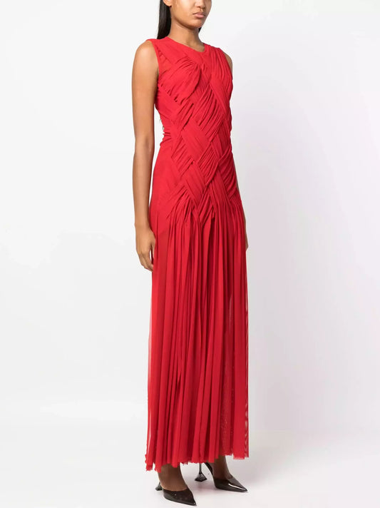 Interwoven Gathered Sleeveless Red Maxi Dress Dresses