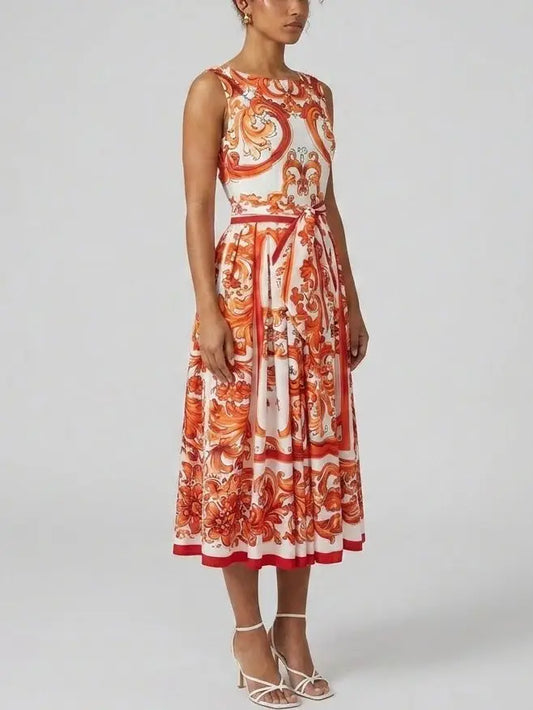 Italian Scroll Print Cotton Midi Dress with Tie Belt - Dresses