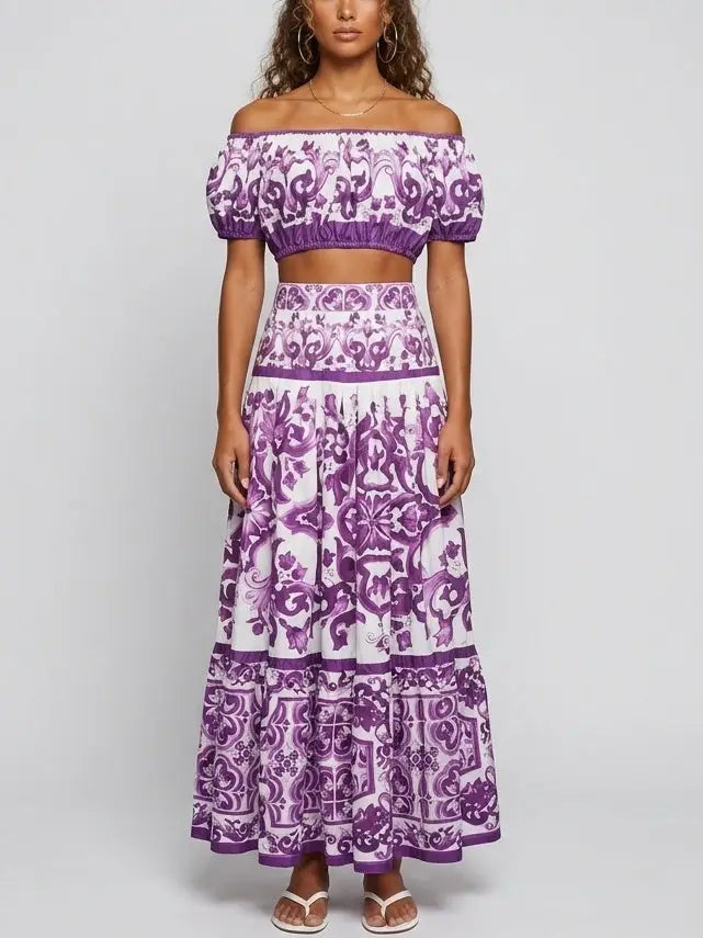 Italian Tile Print Off-Shoulder Crop Top and Skirt Set - Suits & Sets