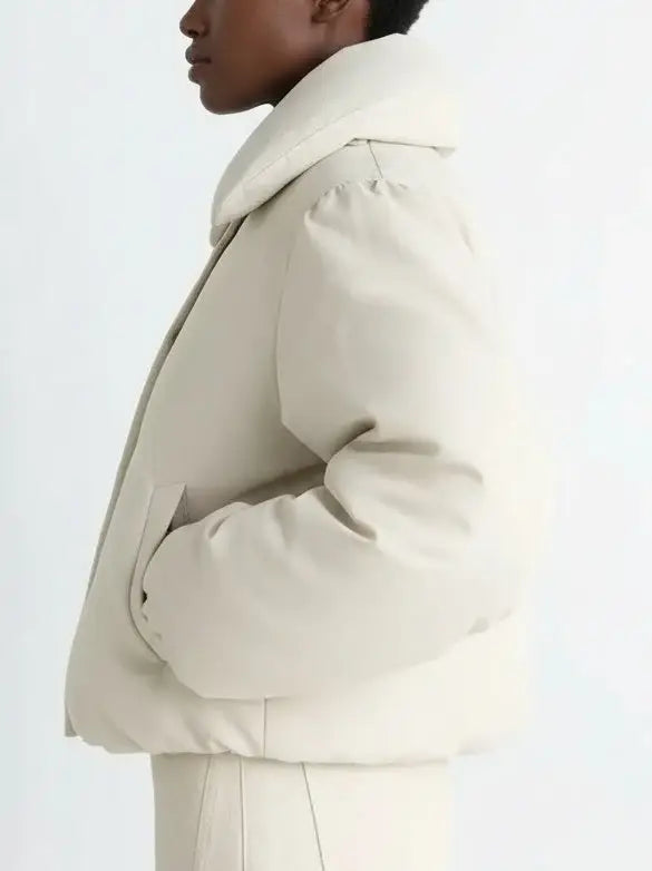 Ivory Cropped Puffer Jacket with Wide Padded Collar - Jackets