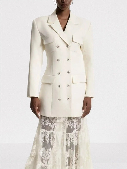 Ivory Double-Breasted Blazer and Sheer Lace Skirt Set - Suits & Sets