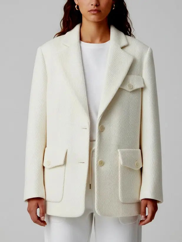 Ivory Herringbone Wool Blend Blazer - Jackets