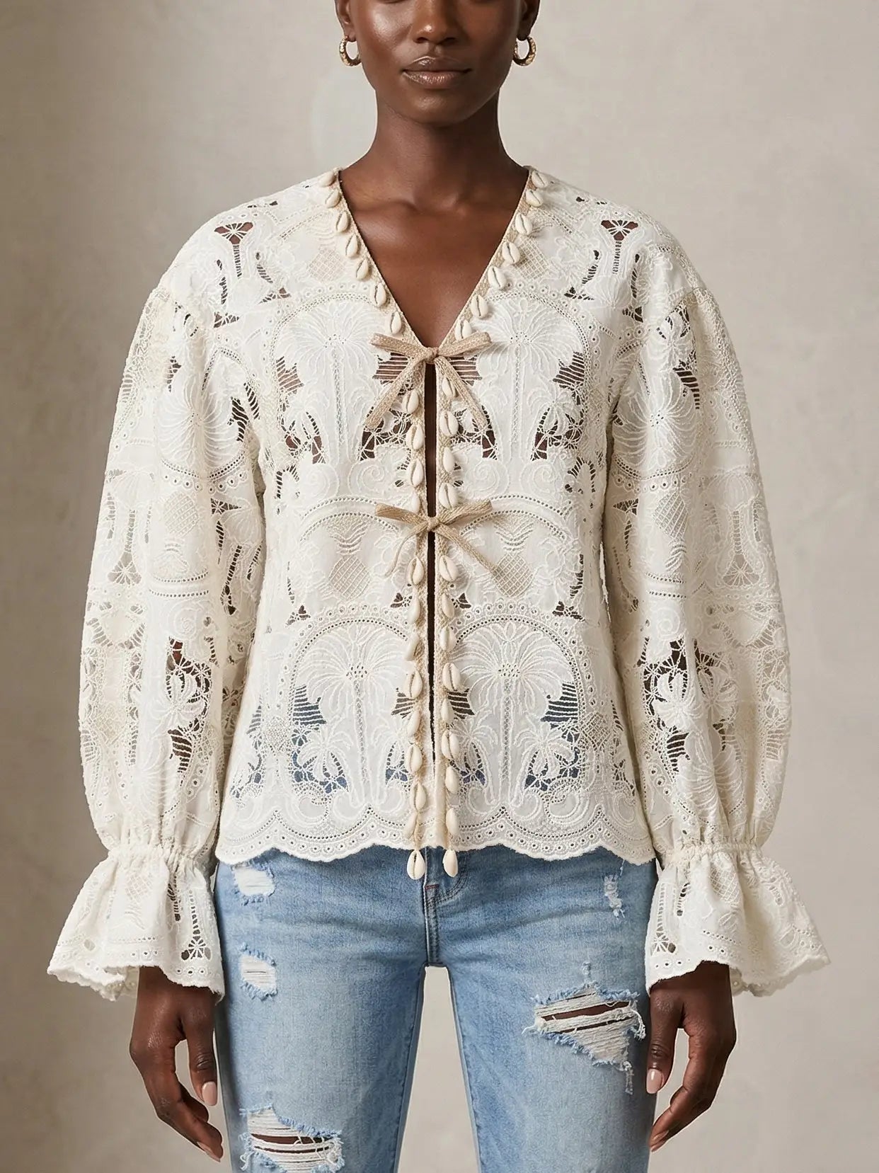 Ivory Lace Tie Front Cotton Blouse - Tops