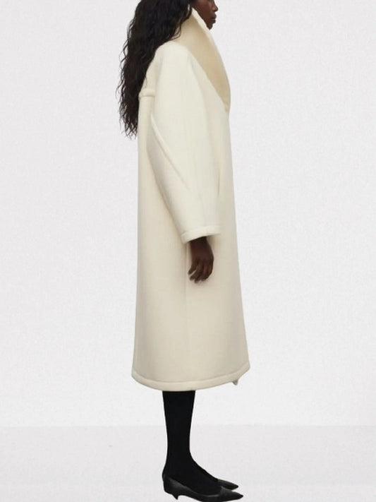 Ivory Long Wool Shawl-Collar Coat - Coats