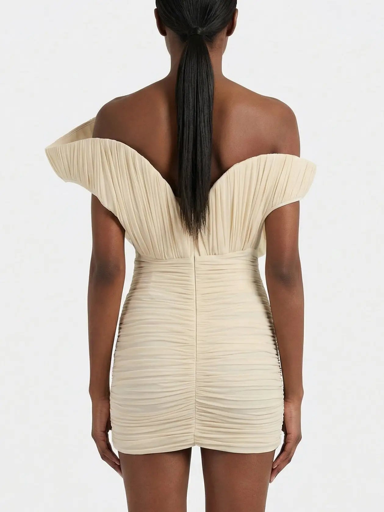 Ivory One-Shoulder Pleated Ruched Mini Dress - Dresses