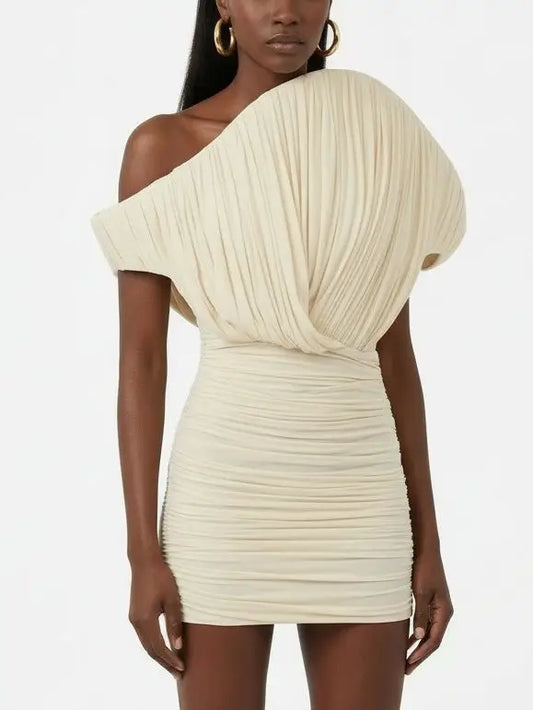 Ivory One-Shoulder Pleated Ruched Mini Dress - Dresses