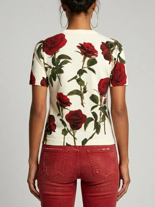 Ivory Rose Print Wool Knit T-Shirt Top - Tops
