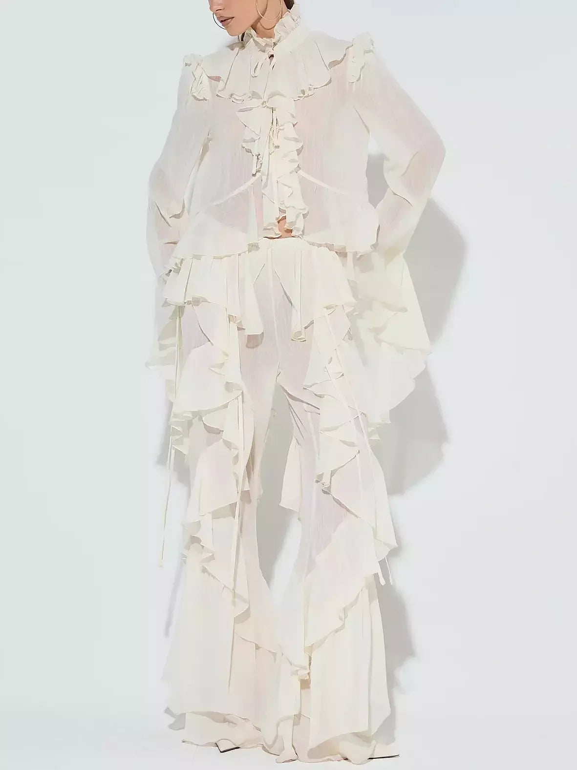 Ivory Ruffled Blouse and Flare Pant Set - Suits & Sets