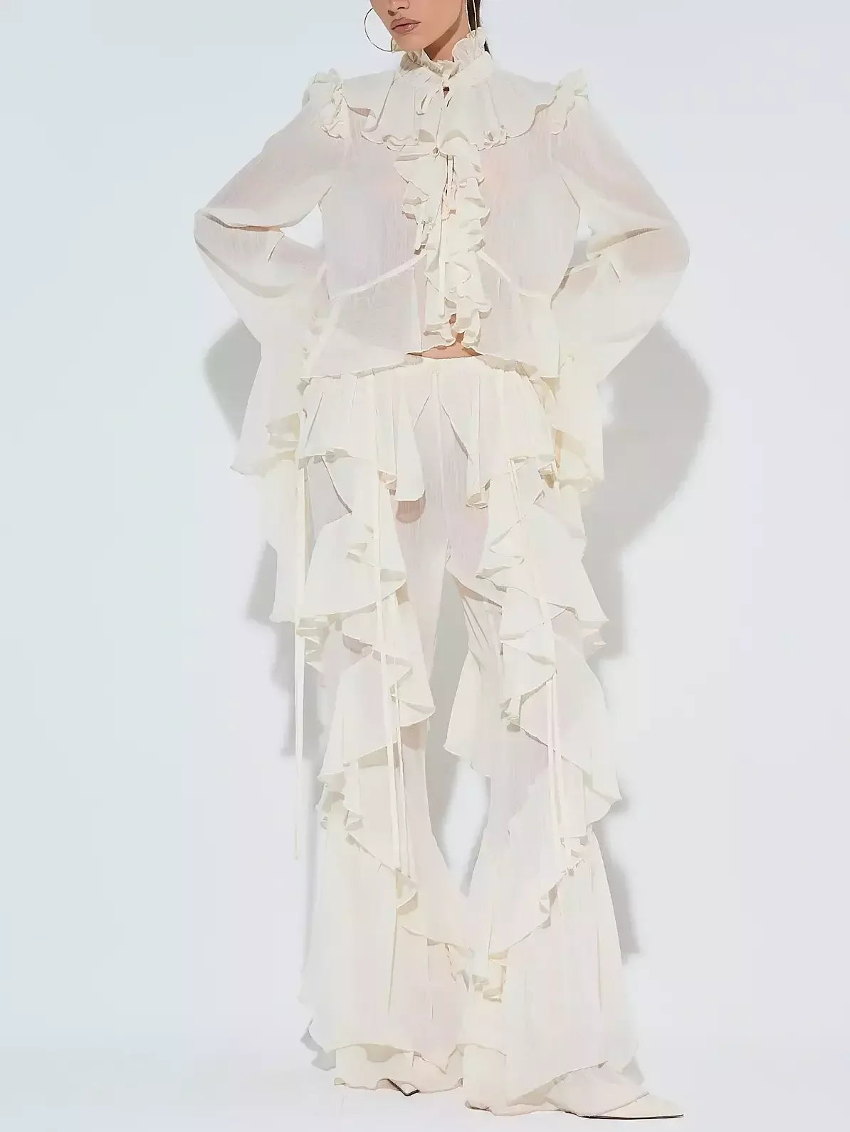 Ivory Ruffled Blouse and Flare Pant Set - Suits & Sets