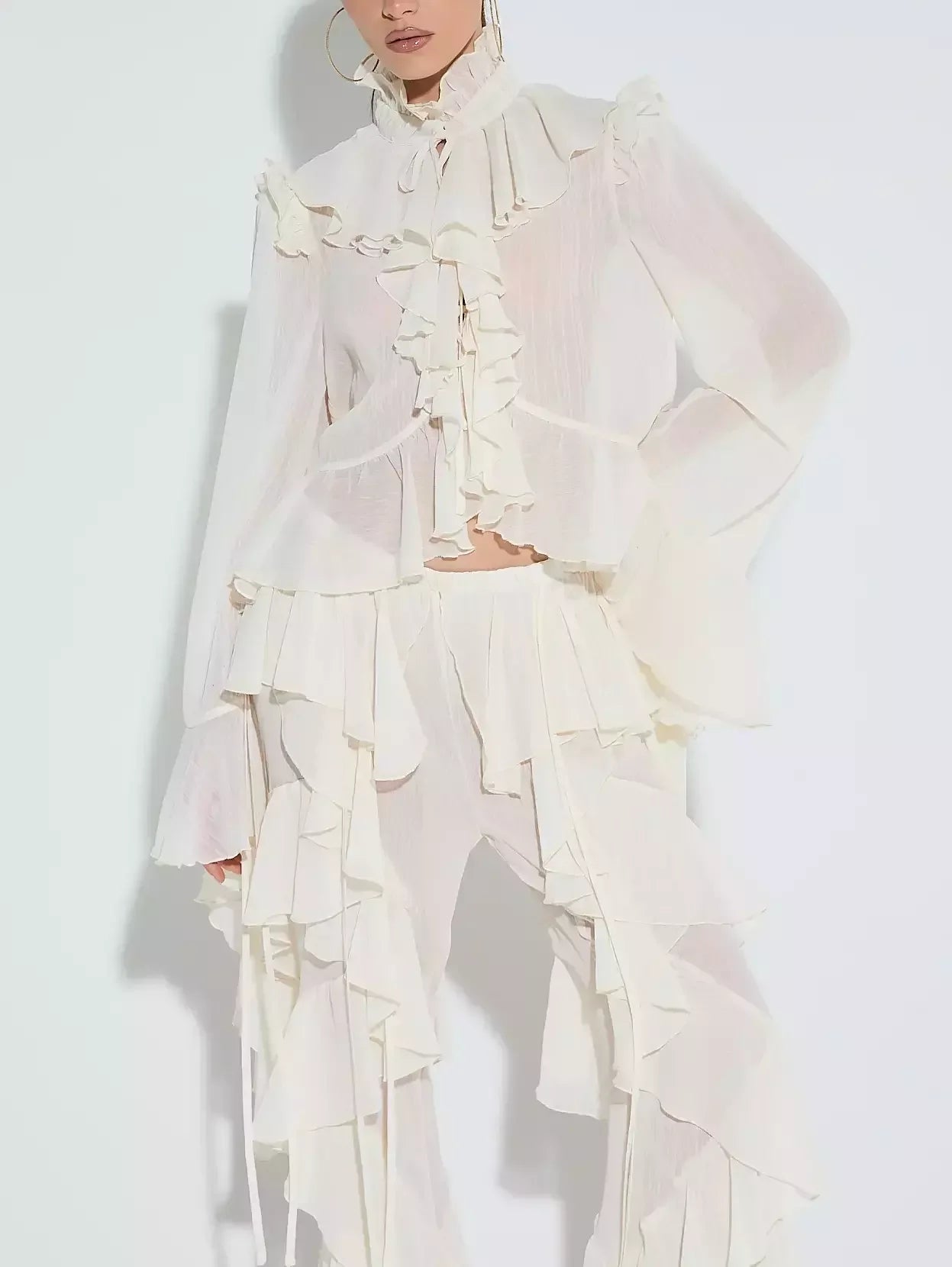 Ivory Ruffled Blouse and Flare Pant Set - Suits & Sets