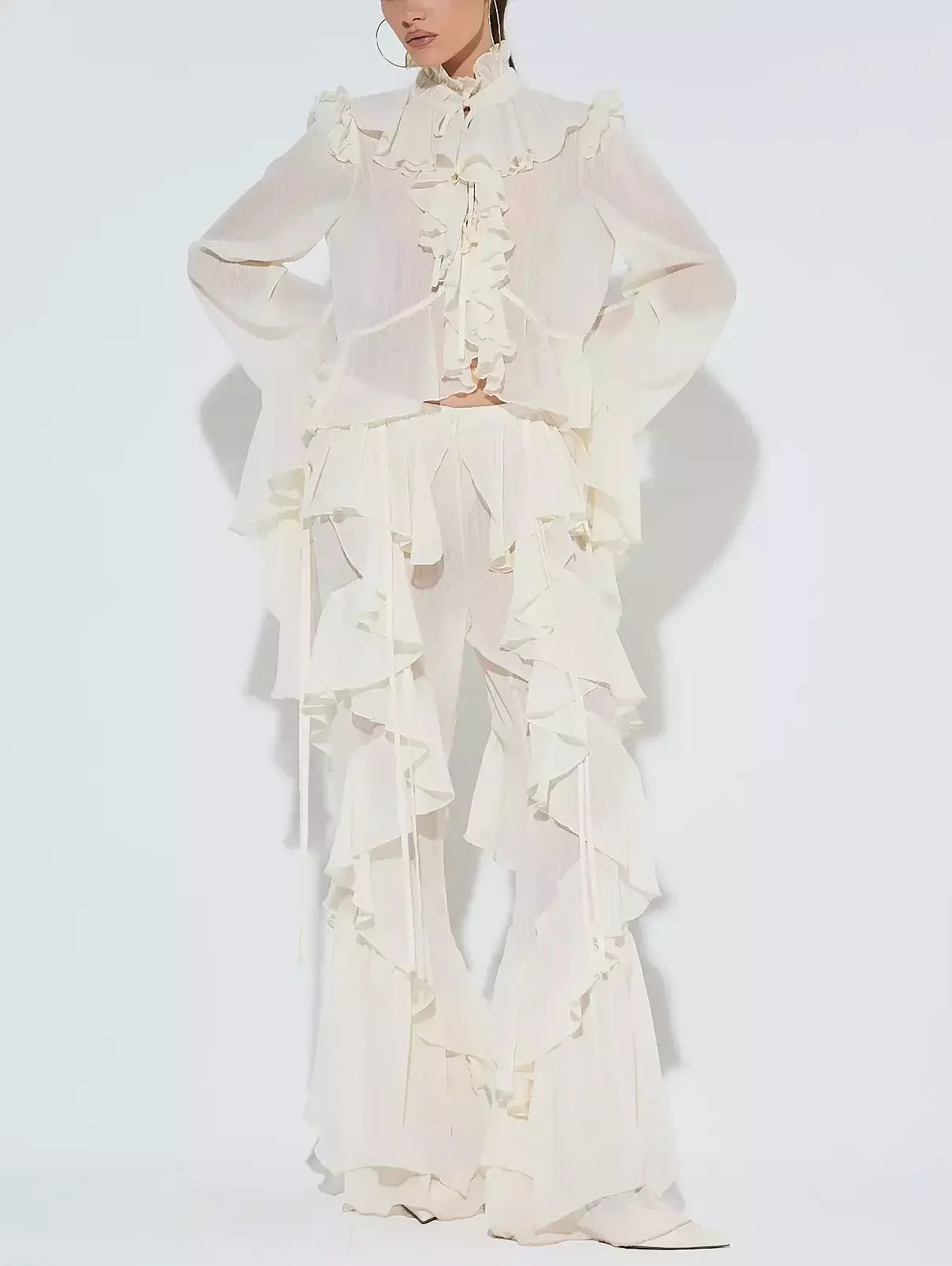 Ivory Ruffled Blouse and Flare Pant Set - Suits & Sets
