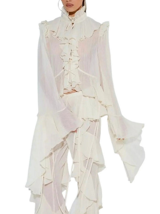 Ivory Ruffled Blouse and Flare Pant Set - Suits & Sets
