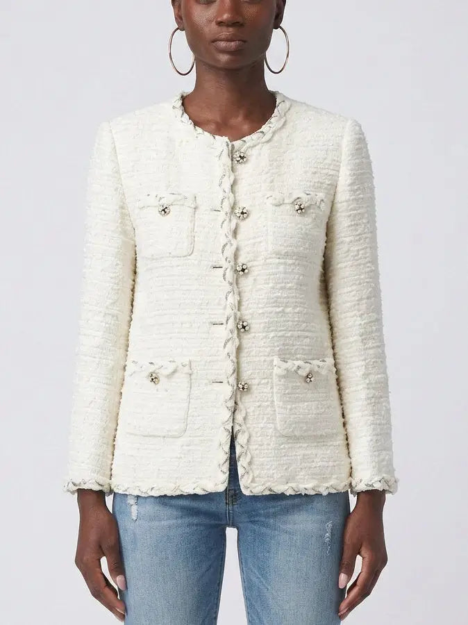 Ivory Tweed Jacket with Jeweled Buttons - Jackets