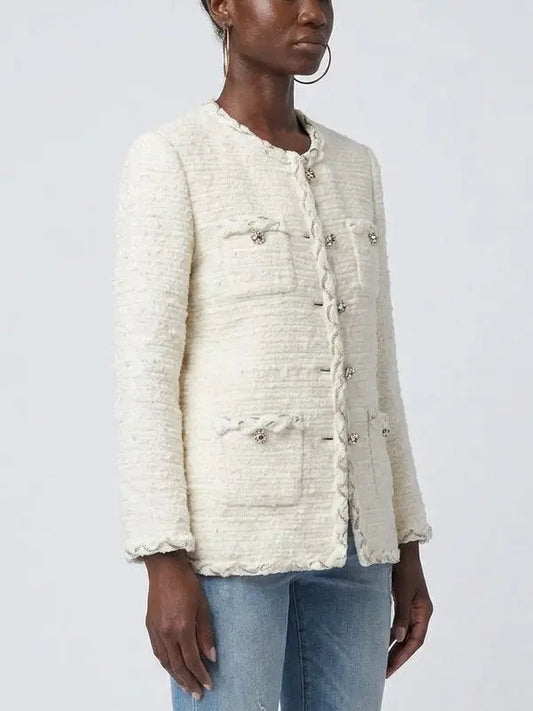 Ivory Tweed Jacket with Jeweled Buttons - Jackets