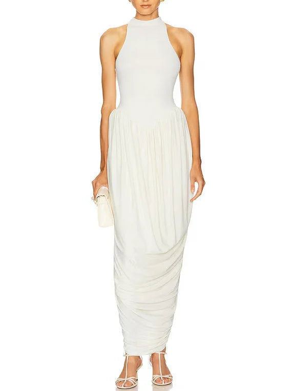 Jersey Sleeveless Fit & Pleated Drape Dress Small / White Dresses