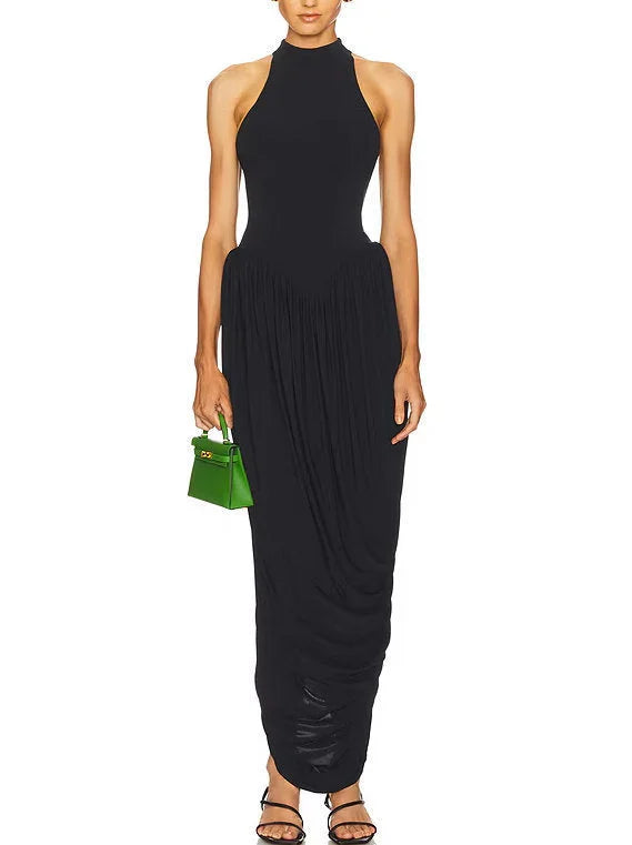Jersey Sleeveless Fit & Pleated Drape Dress Small / Black Dresses