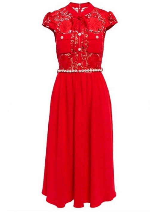 Jewel-Belted Lace and Crepe Midi Dress