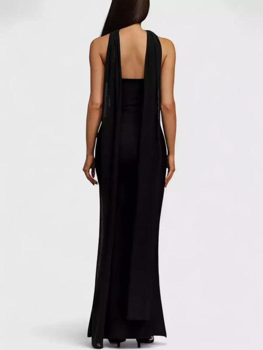 Jewel-Embellished Sleeveless Black Sheath Evening Gown - Dresses