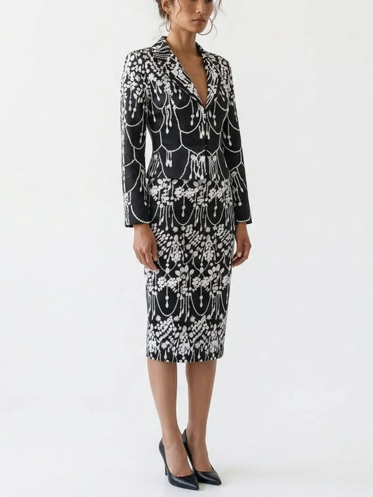 Jewel Motif Jacket and Pencil Skirt Set - Suits & Sets