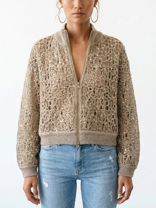 Khaki Beige Open-Knit Sequin Zip Front Cardigan - Sweaters & Knitwear