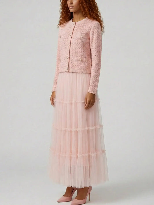 Knit Cardigan and Tiered Tulle Skirt Set - Suits & Sets