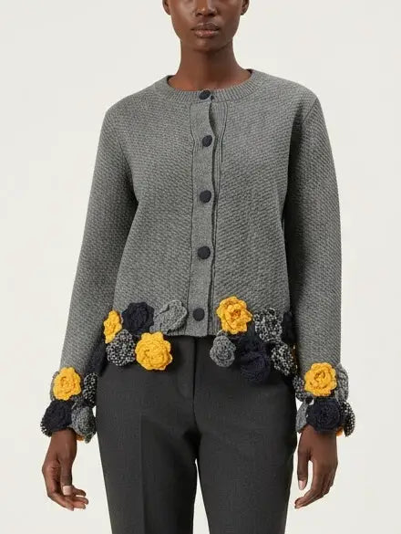 Knit Cardigan with Crocheted Floral Trim - Sweaters & Knitwear