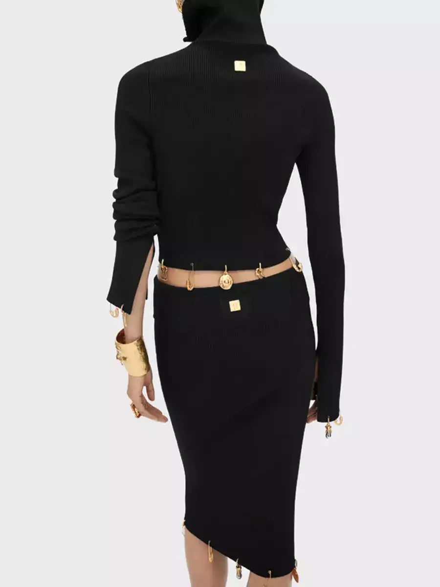 Knit Cropped Sweater and Skirt with Charm Details - Suits & Sets