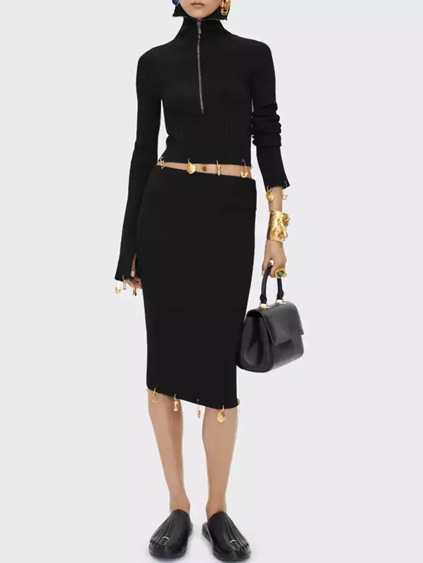 Knit Cropped Sweater and Skirt with Charm Details - Suits & Sets