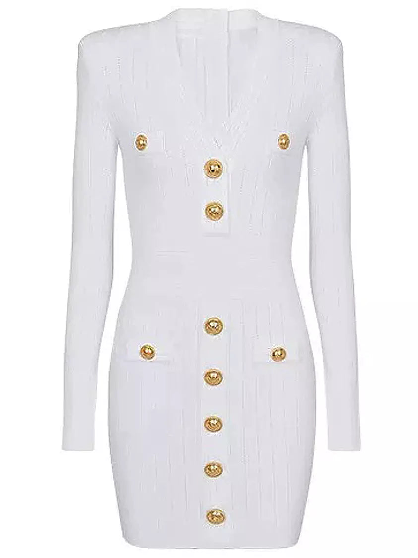 Knit Dress with Gold-Tone Buttons in White