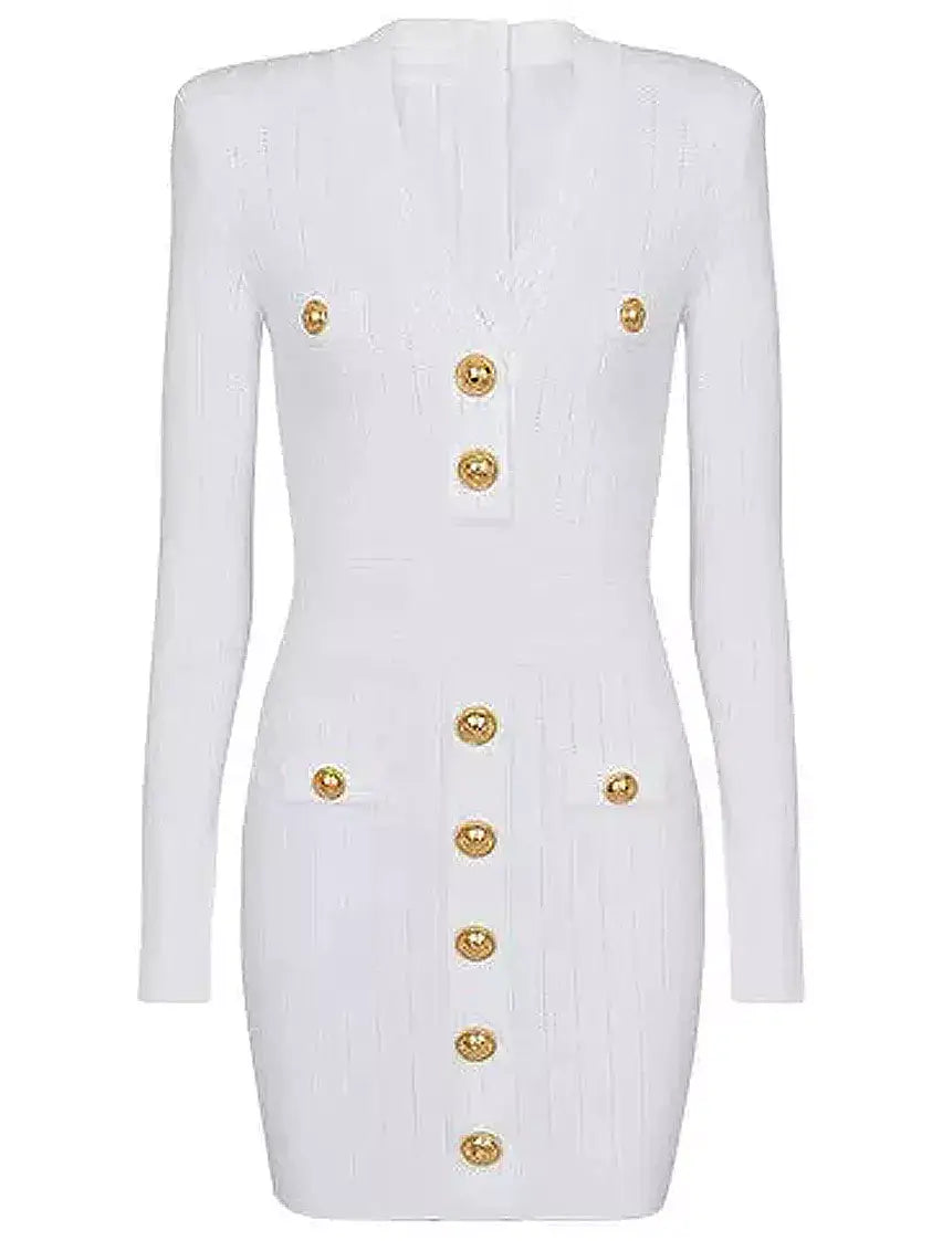 Knit Dress with Gold-Tone Buttons in White - Dresses