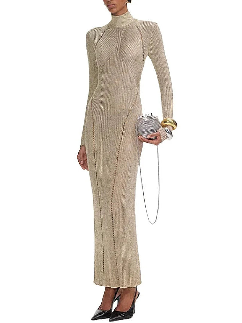 Knit Long-Sleeve High-Neck Sheath Dress - Dresses