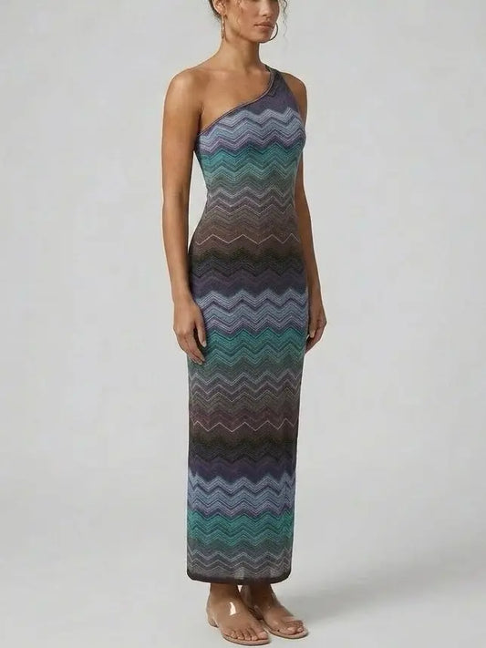 Knit Multicolor Zig Zag Stripe Maxi Dress in Dark Tones - Dresses