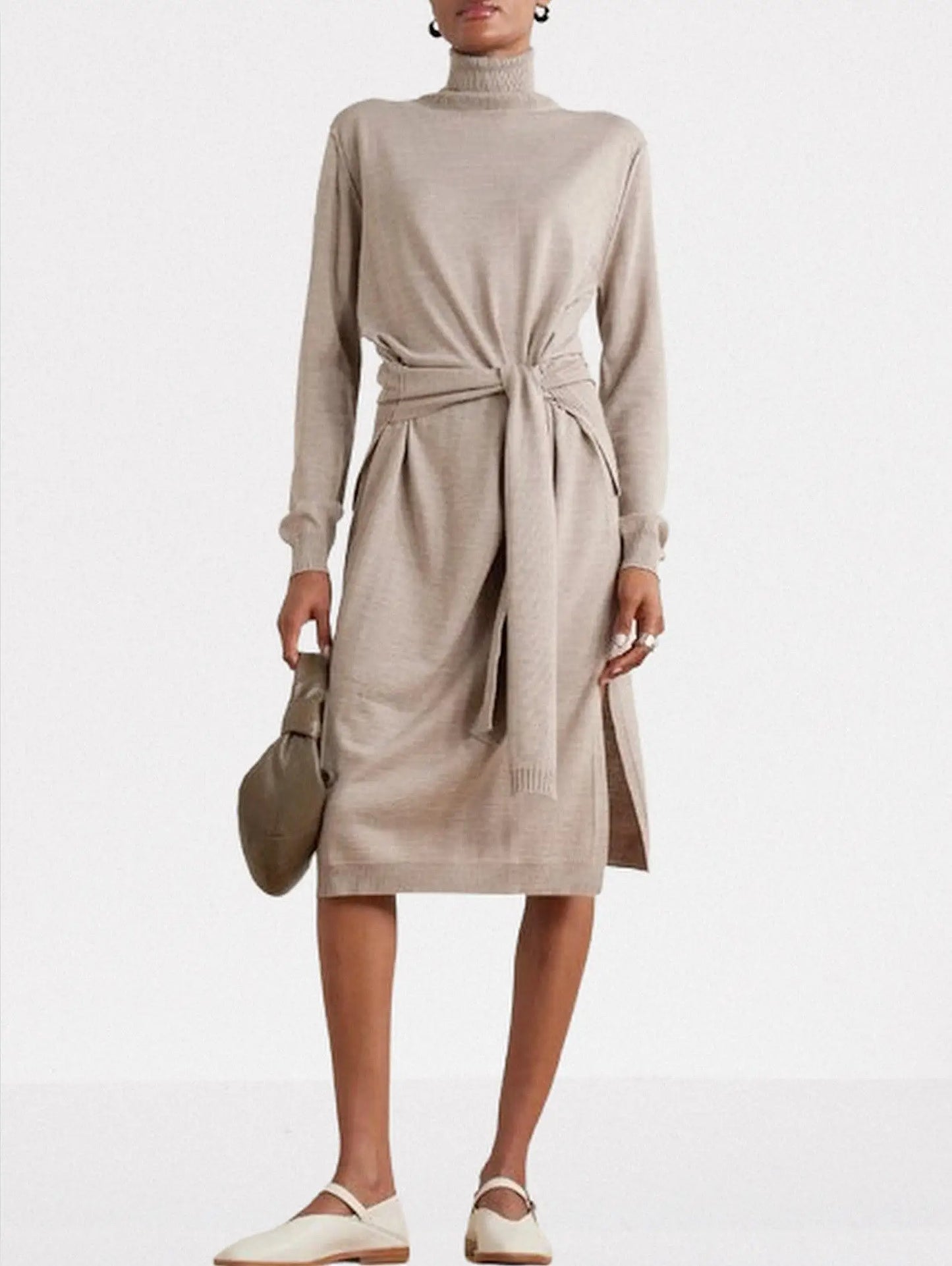 Knit Tie-Waist Turtleneck Midi Dress - Dresses