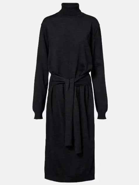 Knit Tie-Waist Turtleneck Midi Dress - Small / Black - Dresses