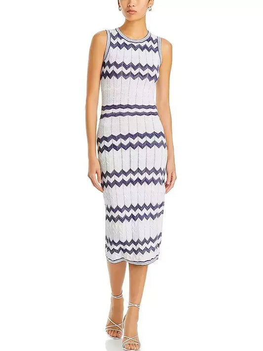 Knit Zigzag Sleeveless Stretch Midi Dress Dresses