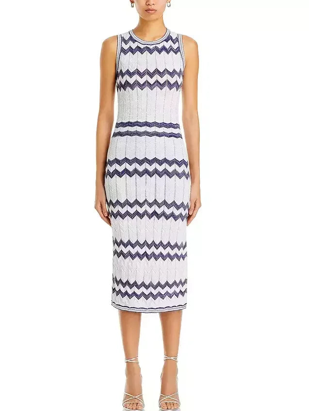 Knit Zigzag Sleeveless Stretch Midi Dress Dresses