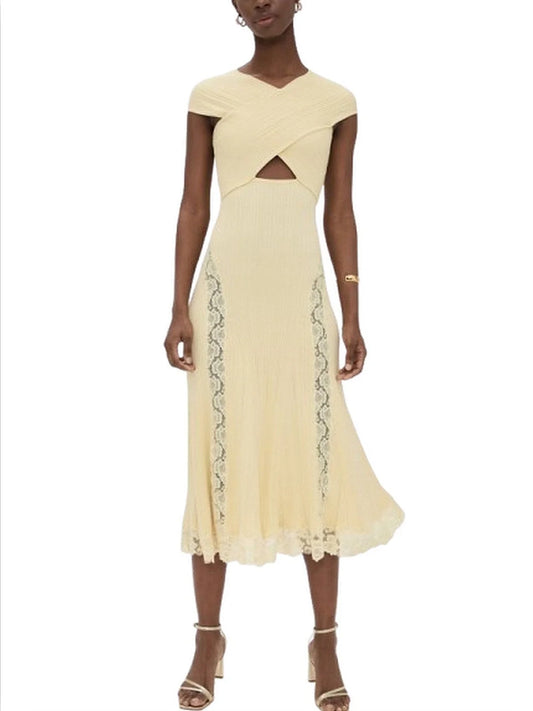Lace-Insert Yellow Knit Midi Dress - Dresses