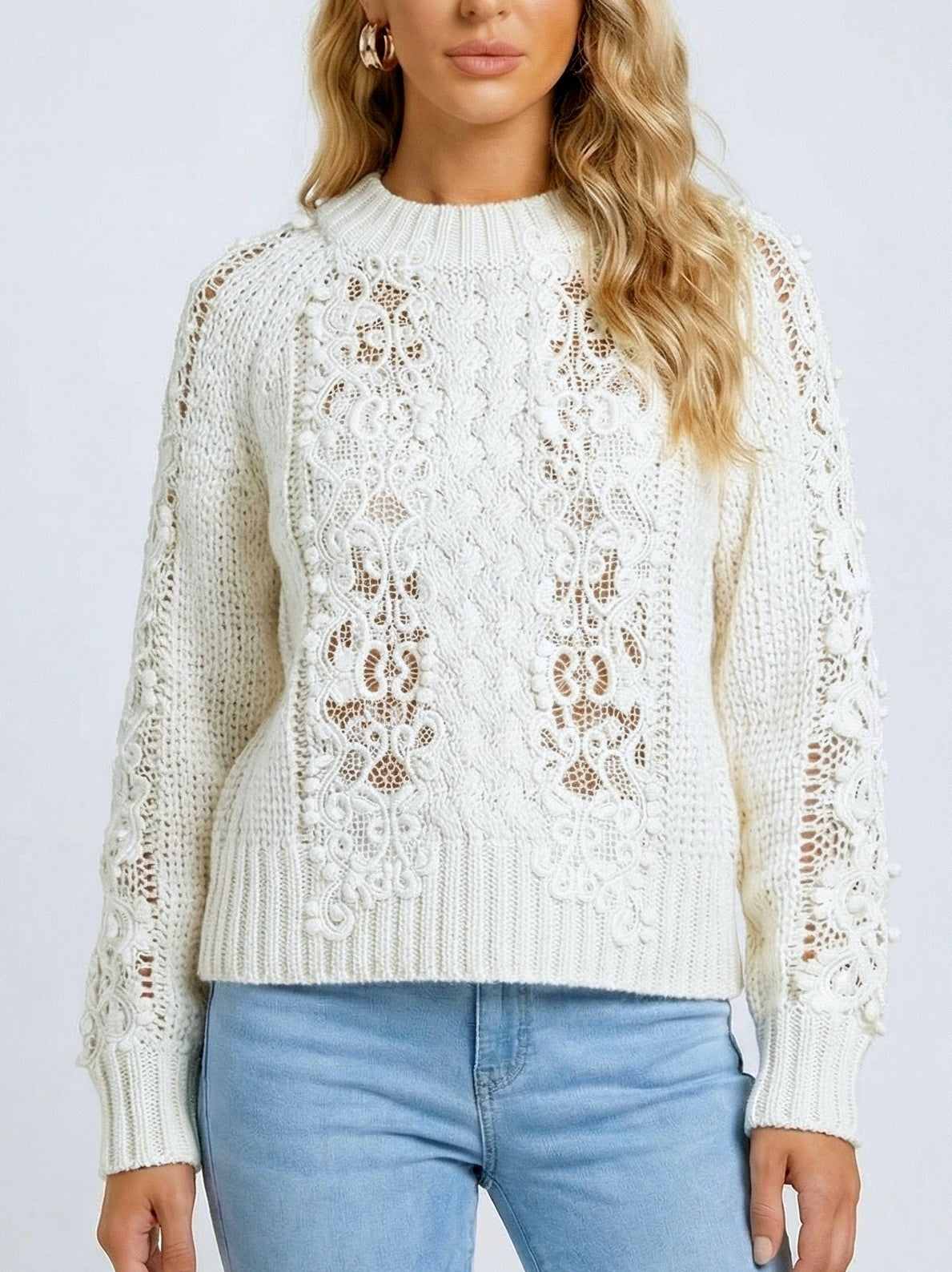 Lace-Knit Long-Sleeve Sweater