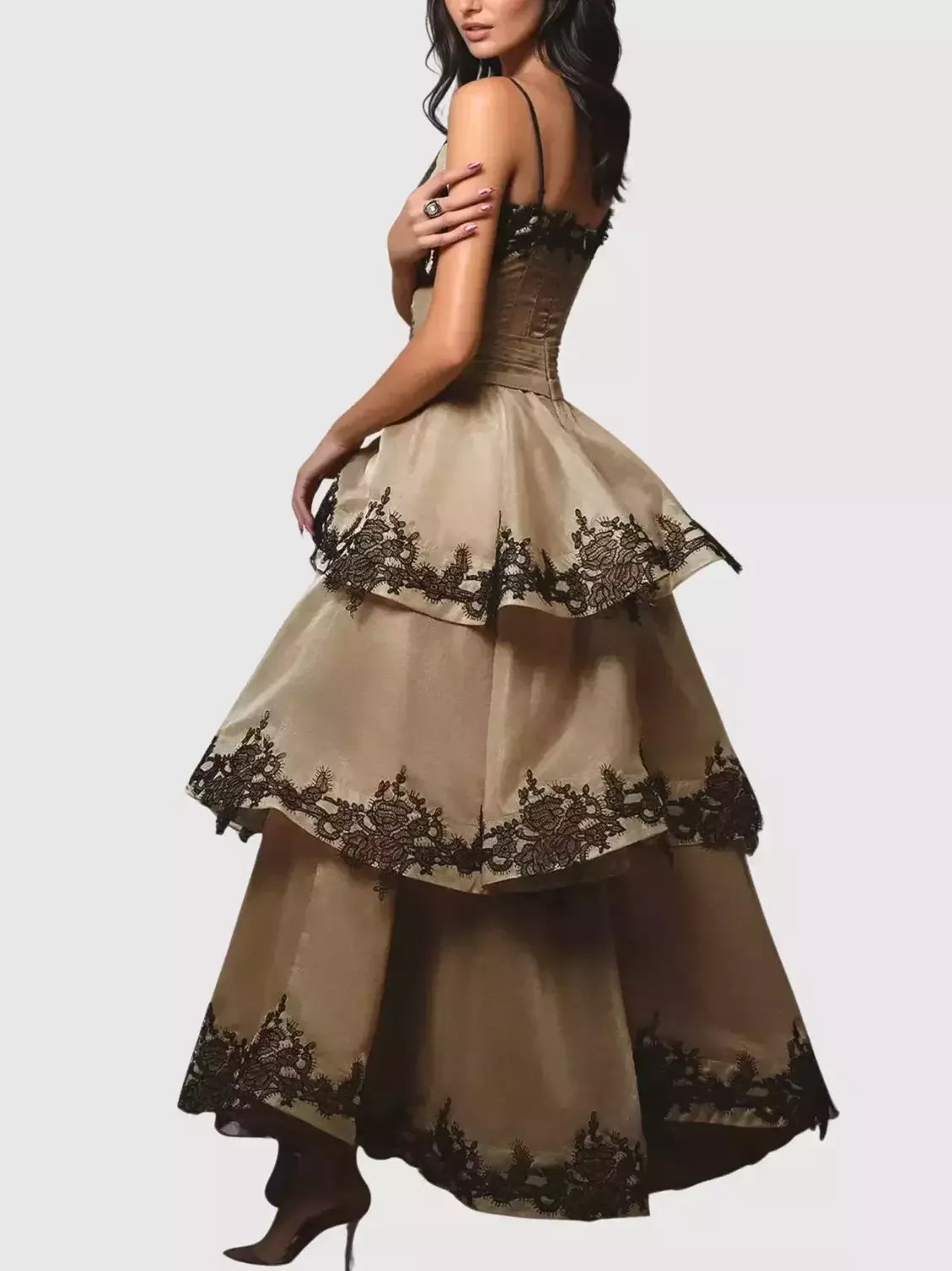 Lace Trim Tiered Sleeveless Organza Gown Dresses