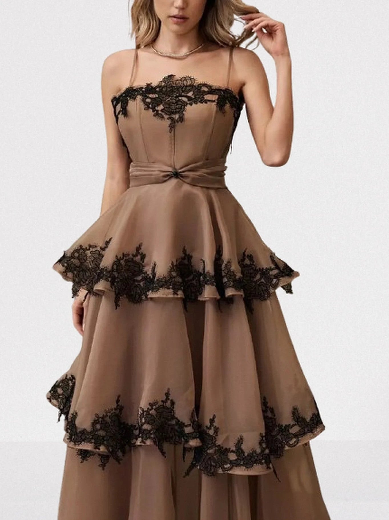 Lace Trim Tiered Sleeveless Organza Gown Dresses