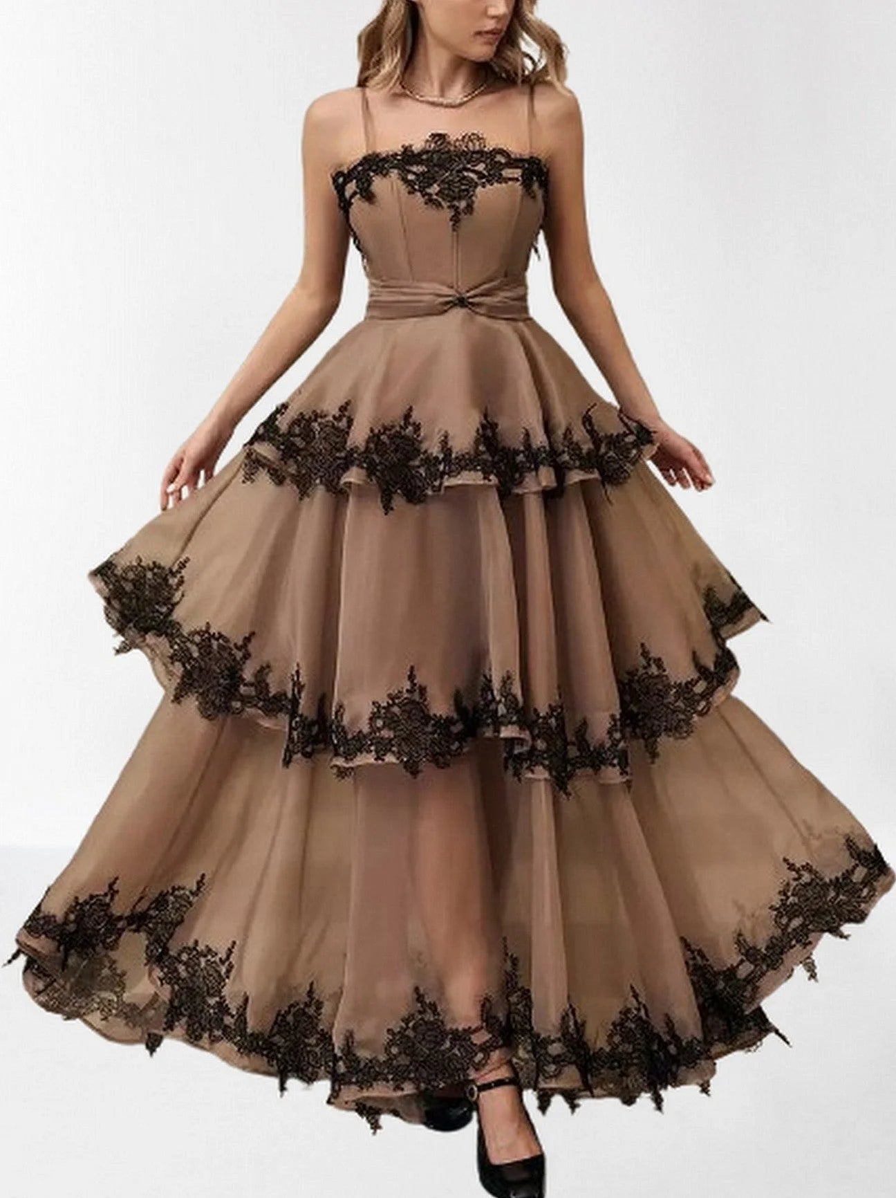 Lace Trim Tiered Sleeveless Organza Gown Dresses