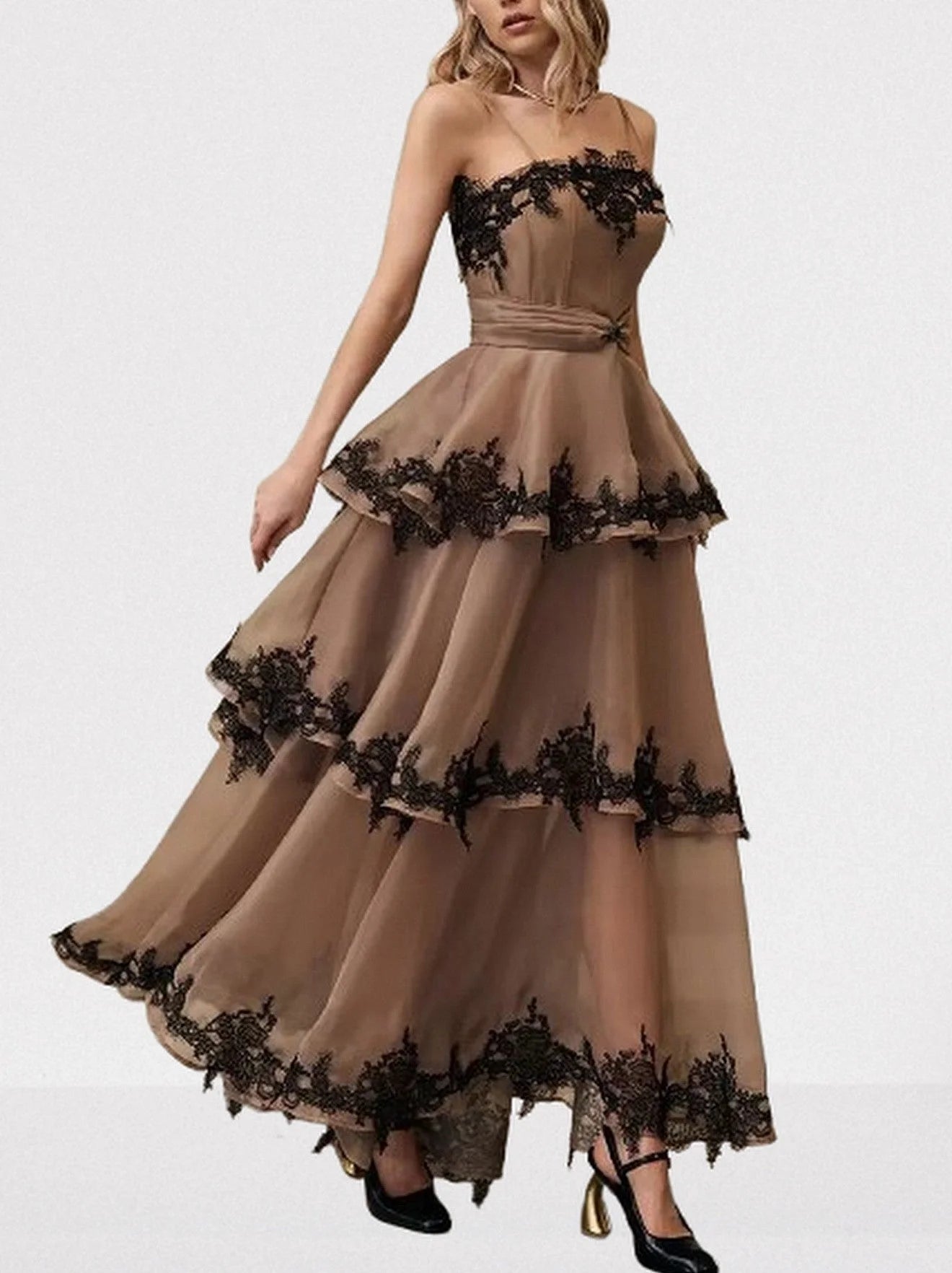 Lace Trim Tiered Sleeveless Organza Gown Dresses